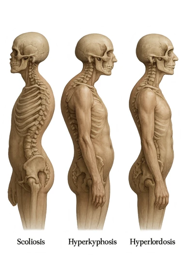 fai un immagine identica che riguarda 3 posture scorrette: scoliosi, ipercifosi e iperlordosi. falla iperrealistica anatomica in 4k con spina dorsale storta in evidenza su ogni figura sticker