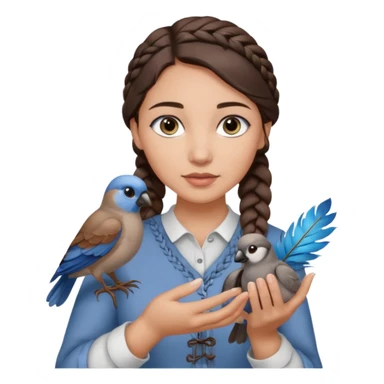 женщина с темно-коричневой косичкой набок и серо-голубыми глазами и светлой кожей держит на руке трех птиц коричневого и серого цвета sticker