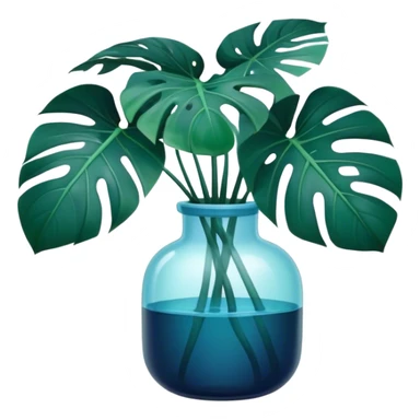 Aesthetic monstera flower in deep bottle green color in a beautiful blue pot sticker
