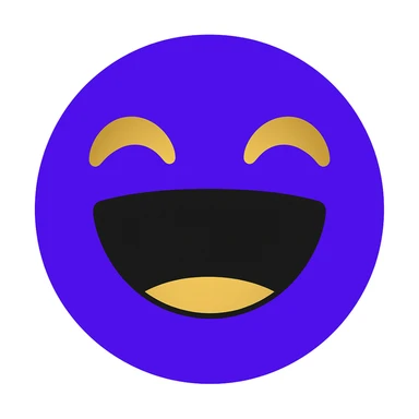Create a laughing emoji using the brand's purple and gold face as the base. Add a wide open mouth and joyful eyes to express laughter, keeping the brand colors and style consistent. Maintain the brand's purple and gold color scheme and style in the design. sticker
