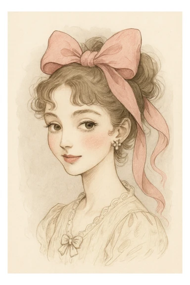 digital illustration style coquette woman with delicate details, large pink bow, elegant and artistic sticker