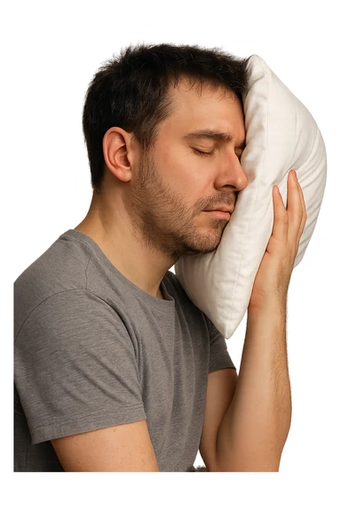 uomo di profilo assonnato che si tiene un cuscino contro la testa, occhi chiusi, iperrealistico 4k, isolato su sfondo bianco sticker