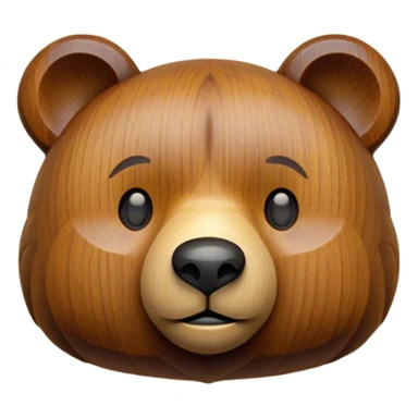 A carved wooden bear toy emoji, made of warm oak with a smooth, polished finish. The bear has simple, rounded features with engraved details for eyes and nose, giving it a handcrafted, vintage look. The texture of natural wood grain is visible, adding authenticity. sticker