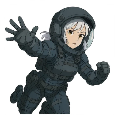 1 female, white hair lavender tips gold yellow eyes, a tactical female space warrior floating in zero-g EVA operations, reaching in front of her sticker