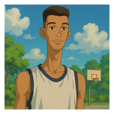 Victor Wembanyama, tall basketball player with unique features, gentle expression, detailed background, Ghibli style sticker