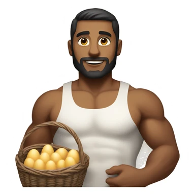 Buff white man with dark hair holding two baskets with a ton of eggs sticker