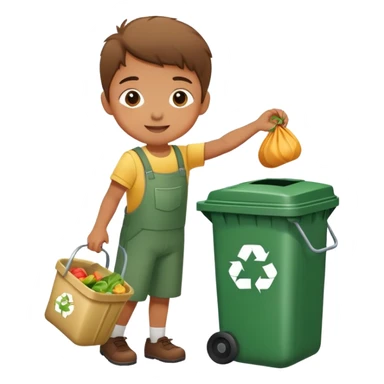 child putting food waste in a dustbin, cheerful and responsible sticker