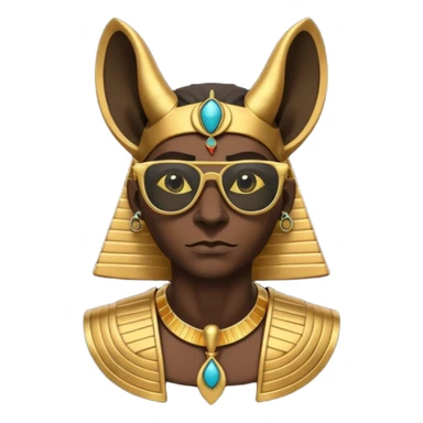 3D cartoon horned character portrait, wearing sunglasses, gothic ancient Egyptian style, pharaoh collar, dark gold and black outfit, ankh symbols, Egyptian jewelry, mysterious expression, soft dramatic lighting, centered, clean background, no text, no watermark sticker