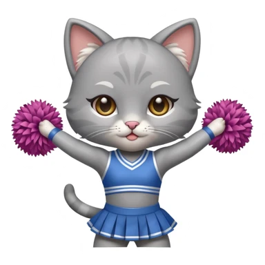 A cute chibi sleek grey cat cheerleader twirling pom-poms with confident energy. sticker