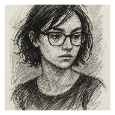 a black-haired woman wearing glasses, hand-drawn sketch style sticker