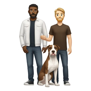 white male with dark brown hair and a lightly scruffy beard shadow standing alongside a white and brown pitbull sticker