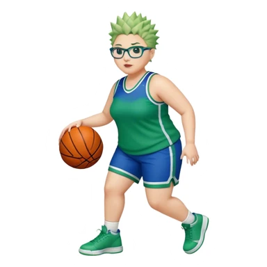 FULL BODY PLUS SIZE  WHITE Vwomen with short hair SPIKEY HAIR and glasses playing basketball IN BLUE AND GREE UNIFORM NO WRITING sticker