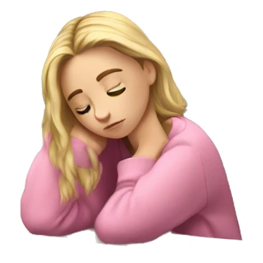 A tired white girl student in a pink sweater studies among books and a computer   sticker