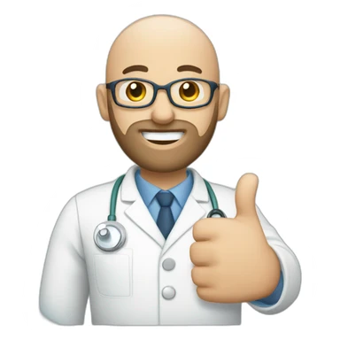 Dentist, bald man with little hair on his head and beard with thumb up sticker