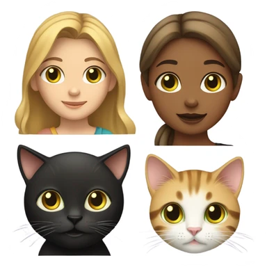 A hazel-eyed girl with light brown, medium-length hair is holding a black cat with yellow eyes, a tabby cat with green eyes, and a yellow tabby cat with yellow eyes. sticker