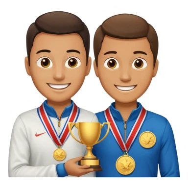 winner ceremony with one guy handing another guy a trophy. One having a medal around his neck sticker