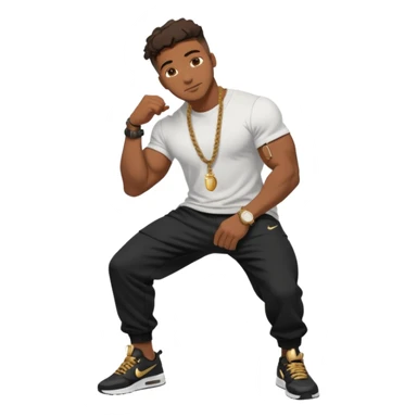 Handsome Black guy with brown skin tone, with muscular build, wearing black sweatpants, a white t-shirt, black Nike air max, a gold rope chain, and a gold watch  sticker