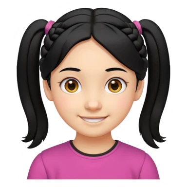 smiling girl with black hair parted in the middle tied into two small side pigtails, round eyes, cheerful expression, soft cartoon-like facial features, head and upper shoulders, clean lines, minimal white background, vibrant and simple emoji style sticker