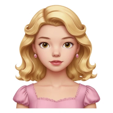 Cinematic Realistic Anya Taylor Joy Portrait, depicted with lifelike skin texture, subtle rosy undertones, and soft natural lighting that enhances the sweet blush contours of her face. Her intricately detailed golden blonde hair is elegantly wavy, and pink dress corquette sticker