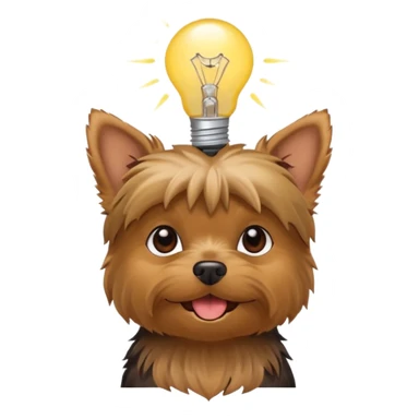Yorkshire Terrier with a lightbulb above its head, symbolizing a smart idea, cheerful emoji style sticker