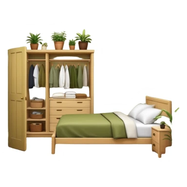 Organizing bedroom with olive green walls, wood bed, plants around, and wood closet sticker