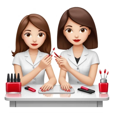 A realistic illustration of a girl with medium-length thick brown hair sitting at a manicure table. Another girl is carefully doing her nails, using professional manicure tools. Soft natural lighting, clean salon environment, detailed hands and nail work, warm and pleasant atmosphere. sticker