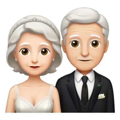 A grandmother wearing her own wedding dress and her husband is wearing a black tie  sticker