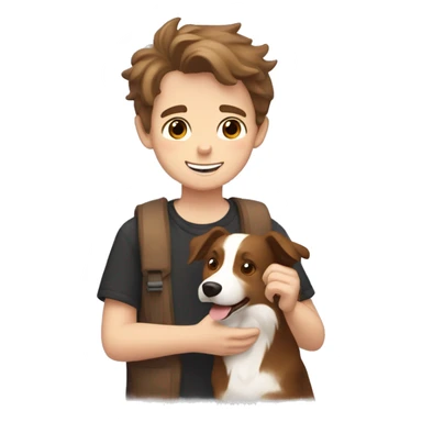 White boy with brown hair and stubble holding a light brown border collie with love hearts around them  sticker