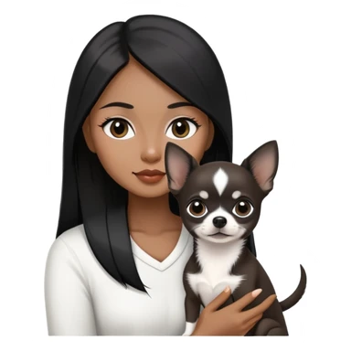 Thai woman with long straight black hair next to a small black and white Chihuahua puppy sticker