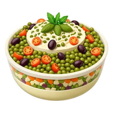Salată de boeuf: a Romanian festive salad made with finely chopped boiled vegetables, pickles, peas, and beef or chicken, all mixed with mayonnaise and decorated with olives and pickles. sticker