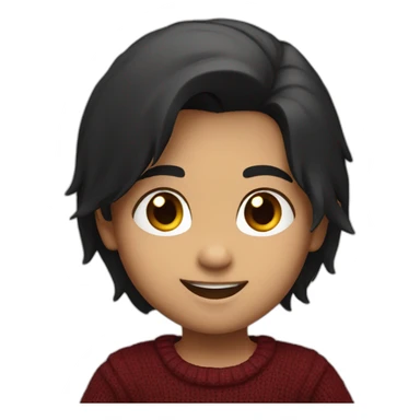 smiling and pointing 3 years old white skin indian with black hair wearing a dark red sweater sticker