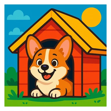 a cheerful corgi peeking out from a dog house, vibrant toon style, cartoonish, colorful sticker