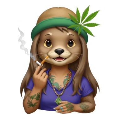 a female otter with long hair smoking a joint surrounded by marijuana fumes. a bit california hippy vibe, with tattoos and piercing sticker