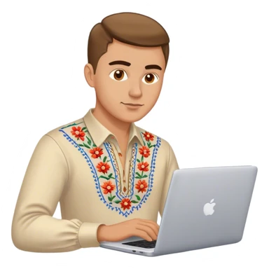 A Ukrainian guy in an embroidered shirt works at his laptop sticker
