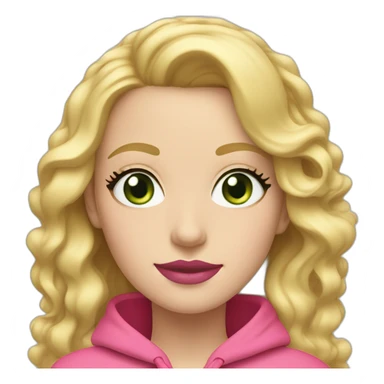  One white woman with wavy blond hair and long eyelashes and green eyes wearing pink lipstick and pink hoodie  sticker