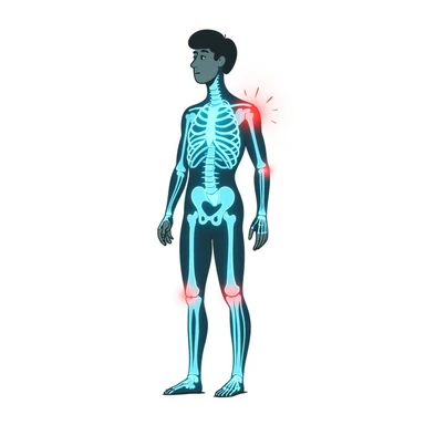 Medical illustration: glowing human body silhouette with highlighted joints, cool blue and green healing energy radiating outward, red inflammation areas being neutralized by blue light, clean clinical aesthetic, futuristic background sticker