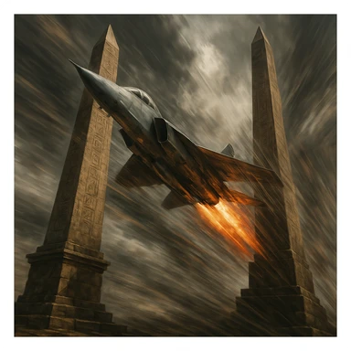 a jet plane about to pass through two towering stone obelisks, intense motion sticker