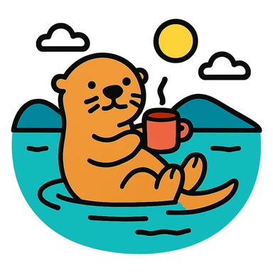 minimal flat icon style otter floating on a lake and drinking a coffee sticker