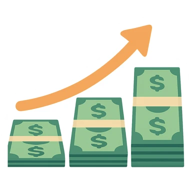flat design style upward trending arrow beside three stacks of bundled dollar bills in ascending height sticker