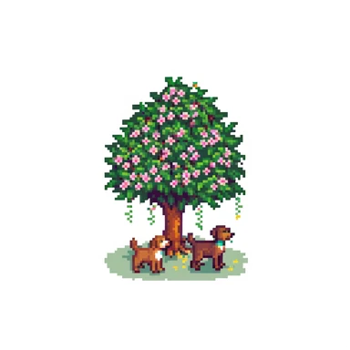 blooming tree with dogs playing around it sticker