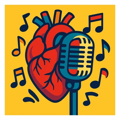 anatomical heart combined with an old-school microphone and music notes, vibrant, clear composition sticker