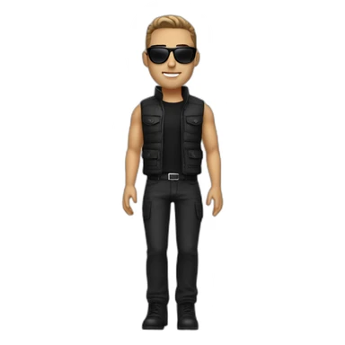 Man a 27 years , white skin , with black  sunglasses , black high neck , brawn vest , black pantaloon, brawn shoes with black watch  sticker
