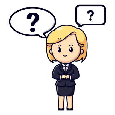 blonde haired white woman in a black formal suit with a white speech bubble containing a black question mark next to her head sticker