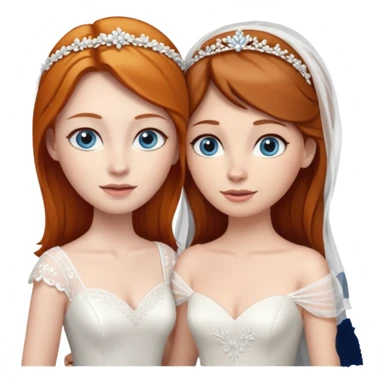 A ginger woman with blue eyes, marrying a taller woman with brown hair and hazel eyes, both in wedding dresses. sticker