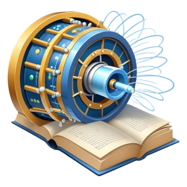 An icon featuring a physics textbook, a large Hadron Collider with particles flying off, symbolizing the study of physics. The design includes atomic models, energy waves, and scientific formulas, representing fundamental physical principles and research. Transparent background. sticker