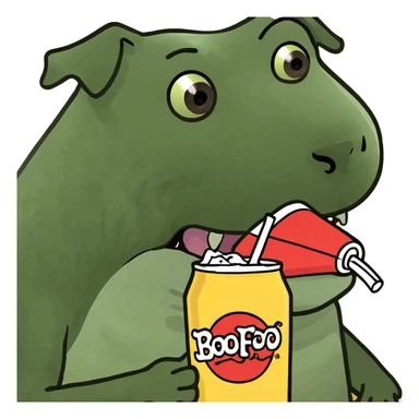 Dog with a monster drink sticker