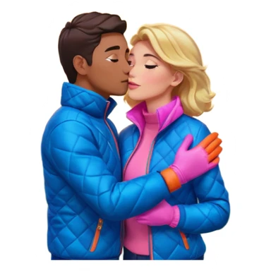 “Selfie romántica en la cima de una montaña verde, atardecer intenso naranja y dorado iluminando el cielo con nubes dramáticas, cordillera al fondo, pareja abrazada y besándose, chaqueta azul acolchada, guantes rosados, paisaje natural abierto y mágico. sticker