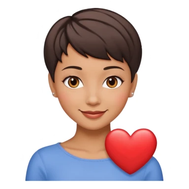 woman pixie cut dark brown hair, tan skin, brown oval eyes, heart shaped face sticker