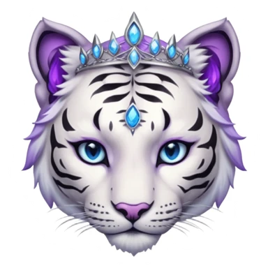 ESO Female white/black tiger khajiit leader of the umbral rose, glowing blue eyes, glowing blue 'third eye' gem; beautiful desined purple gemmed silver tiara sticker