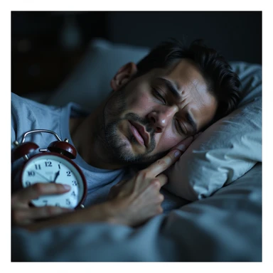 hyperrealistic 4K image of an adult man sleeping too little, tired face with marked dark circles, stressed expression, lying in bed with alarm clock showing 5:00, cold morning light, atmosphere of tiredness and stress sticker